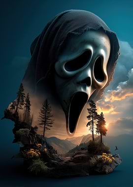 Ghostface Mask Over Mountain Landscape
