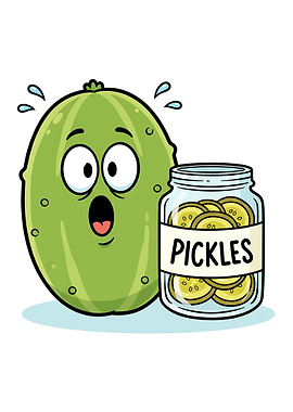 Scared Pickle Next to Jar of Pickles