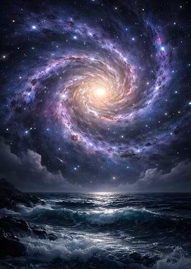 Spiral Galaxy Over Ocean