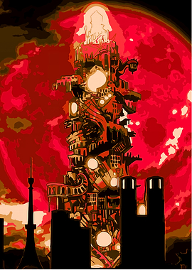 Surreal Cityscape Under a Red Moon