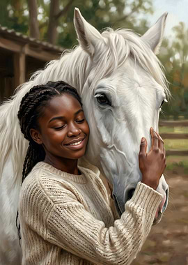 Girl Hugging White Horse