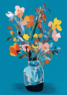 Vase of colorful flowers on blue background