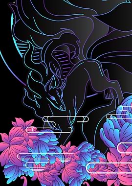 Neon Fox with Flowers