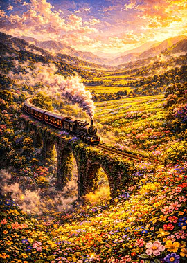 Train Crossing a Flower-Covered Viaduct at Sunset
