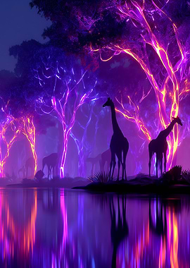 Neon Giraffes in Enchanted Forest