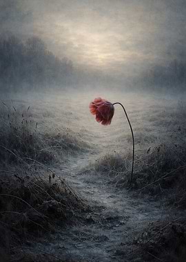Lone Poppy in Misty Field