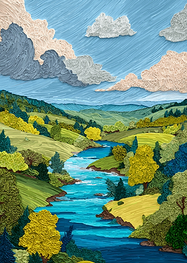 Quilled Landscape with River and Clouds
