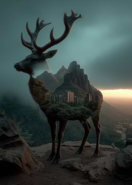 Double Exposure Deer Landscape Cityscape