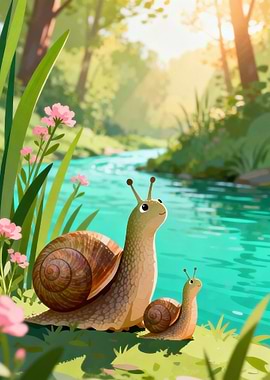Two snails by a stream