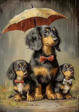 Dachshunds Under an Umbrella in the Rain
