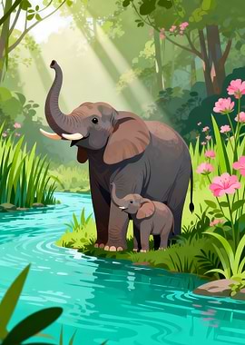 Elephants by a River in a Forest