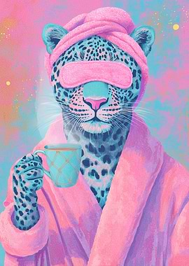 Leopard in Spa Attire with Coffee
