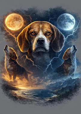 Beagle Dogs Howling at Two Moons