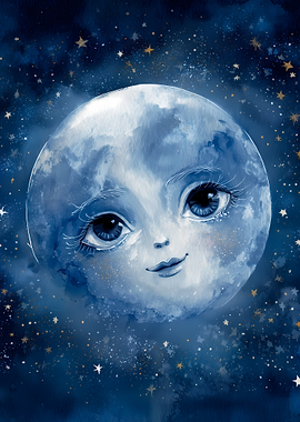 Whimsical Moon Face with Stars