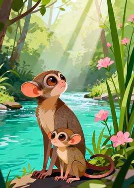 Two Tarsiers by a River