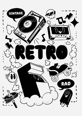 Retro Doodle Poster, Vintage Pop Culture Wall Art, Colorful 80s 90s Fun Illustration Print