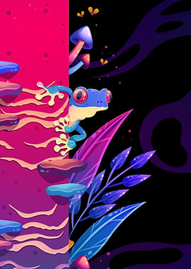 Blue Frog Peeking from Pink and Purple World