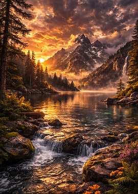 Majestic Mountain Lake at Sunset