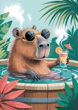 Capybara Relaxing in Hot Tub with Cocktail