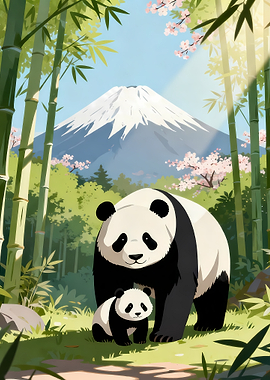 Pandas in front of Mount Fuji