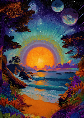 Cosmic Sunset Over Alien Ocean