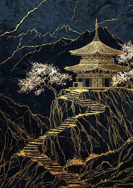 Gold Japanese Pagoda Mountain Art