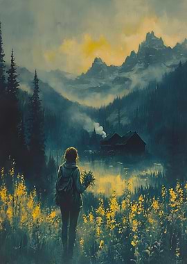 Woman in a field of flowers overlooking mountains