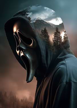 Ghostface Mask with Mountain Landscape Overlay