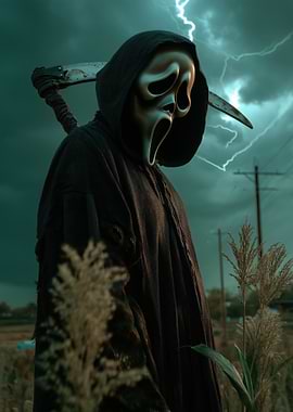 Ghostface with Scythe in Stormy Field