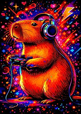 Capybara Gamer with Headphones and Controller