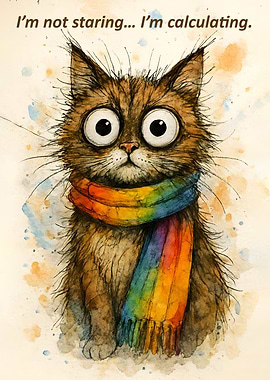 Funny Cat Calculating with Rainbow Scarf