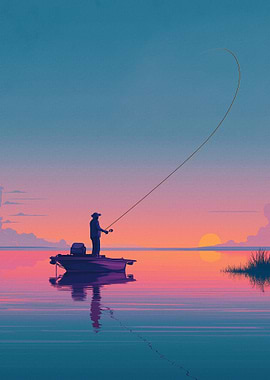 Fisherman on a boat at sunset