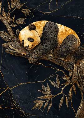 Gold Panda Sleeping On Branch