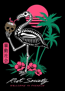 Skeleton Flamingo Poster, Tropical Paradise Skull Drink Wall Art, Retro Dark Aesthetic Print