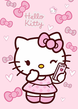 Hello Kitty with Phone on Pink Background