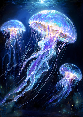 Bioluminescent Jellyfish in Deep Ocean