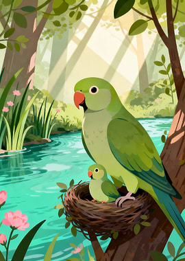 Parrots in a Nest by the Water