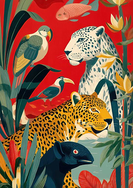 Jungle Scene with Animals and Plants