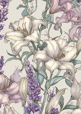 Vintage Floral Pattern with Lilies and Lavender