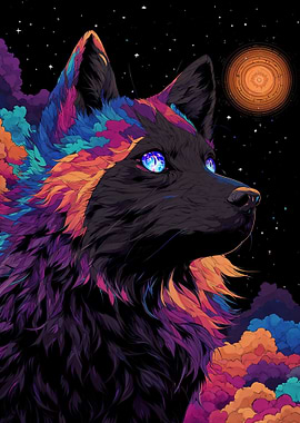 Fantasy Cosmic Wolf under Full Moon