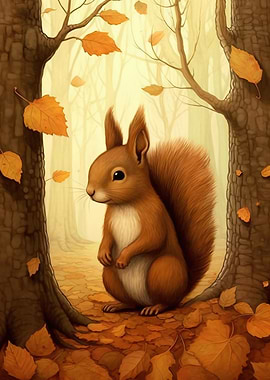 Cute Squirrel in Autumn Forest