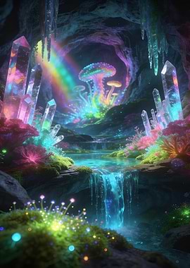 Magical Crystal Cave with Bioluminescent Flora