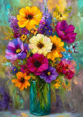 Vibrant Floral Arrangement in a Teal Vase