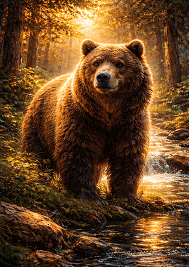 Bear in a sunlit forest stream
