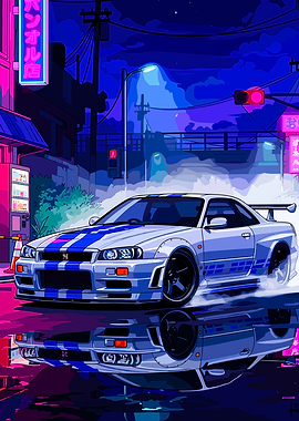 Nissan Skyline R34 Drifting at Night