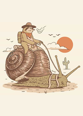 Cowboy Sloth Riding Snail Poster, Funny Desert Animal Wall Art, Surreal Western Print