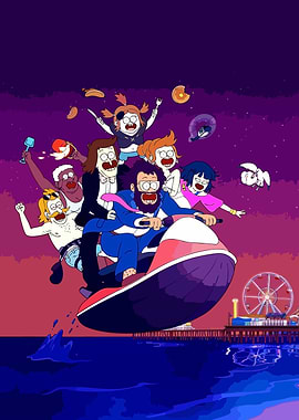 Cartoon characters on a jet ski