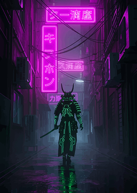 Cyberpunk Samurai in Neon Alley