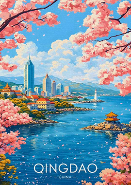 Qingdao Cityscape with Cherry Blossoms
