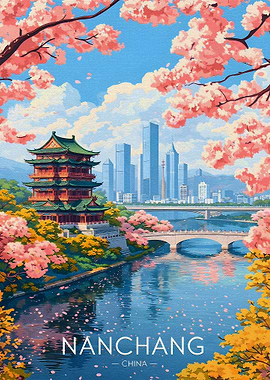 Nanchang Cityscape with Cherry Blossoms